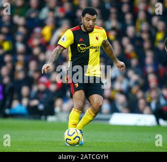 Watford, Großbritannien. Februar 2020. Watfords Troy Deeney während des Premier-League-Spiels zwischen Watford und Everton am 01. Januar 2020 im Vicarage Road Stadium, Watford, England. Credit: Cal Sport Media/Alamy Live News Stockfoto