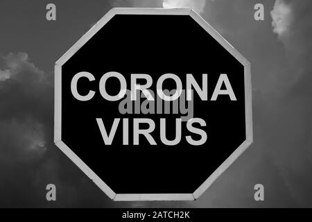 Wuhan Corona Virus auf schwarzem Schild, Virenschutzkonzept, Zeichensymbolhintergrund, Vektordarstellung Stockfoto