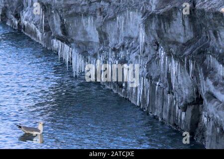 Eisige Mauer am See Stockfoto