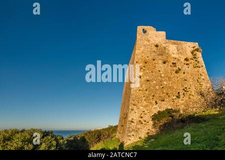 Torre Montepucci, mittelalterlichen Wachturm am Gargano über Adria, in der Nähe der Stadt Vieste, Apulien, Italien Stockfoto