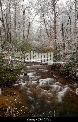 Kaskade auf dem Avery Creek im Winter - Pisgah National Forest, in der Nähe von Brevard, North Carolina, USA Stockfoto