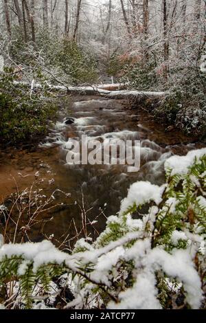 Kaskade auf dem Avery Creek im Winter - Pisgah National Forest, in der Nähe von Brevard, North Carolina, USA Stockfoto