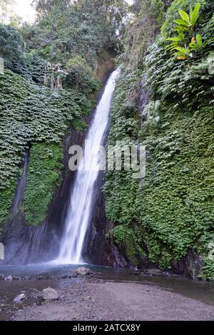 Vertikale Aufnahme von schönen Wasserfällen in der Luft terjun munduk in Gobleg indonesien Stockfoto