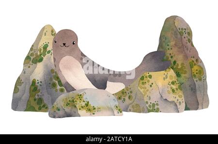 Cute Aquarell faul Dichtung Entspannen am Meer Felsen und Klippen. Kawaii Illustration für Kinder wird gedruckt. Stockfoto