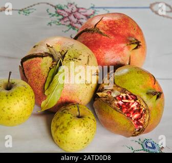 Nahaufnahme der Früchte: Drei reife Granatäpfel und zwei Äpfel, offen geteilt, um die Haufen saftiger und Schmucksteinsamen auf der Innenseite zu zeigen. Stockfoto