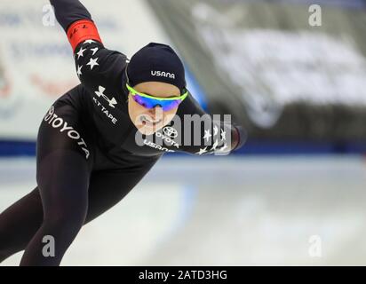 Milwaukee, USA. Februar 2020. Brianna Bocox aus den Vereinigten Staaten tritt beim 1500-m-Rennen der Frauen bei den ISU Four Continents Speed Skating Championats in Milwaukee, den Vereinigten Staaten, 1. Februar 2020 an. Kredit: Li Ying/Xinhua/Alamy Live News Stockfoto