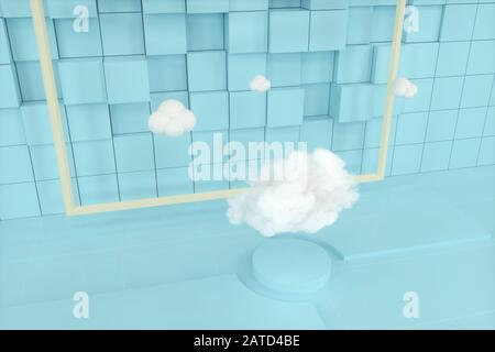 Cartoon-Wolken und Cartoon-Würfel, Geometrieraum, 3D-Rendering. Digitale Zeichnung des Computers. Stockfoto