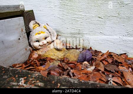 Eine alte violette und gelbe, floppy-eared bunte Puppe, bedeckt mit nassen Blättern, in einem Bundsteg an der Seite eines Gebäudes, in der Nähe von Springfield, Georgia. Stockfoto