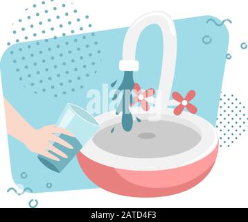 Ein Mann wählt Wasser aus dem Hahn in ein Glas. Flache Vektorgrafiken. Stock Vektor