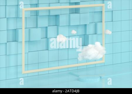 Cartoon-Wolken und Cartoon-Würfel, Geometrieraum, 3D-Rendering. Digitale Zeichnung des Computers. Stockfoto
