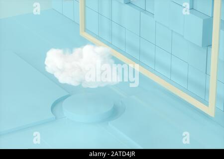 Cartoon-Wolken und Cartoon-Würfel, Geometrieraum, 3D-Rendering. Digitale Zeichnung des Computers. Stockfoto