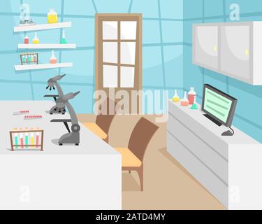 Chemisches und biologisches Labor mit Reagenzgläsern, Kolben und Mikroskopen. Forschung und Erfindung von Impfstoffen. Viruserkrankung. Epidemie. Stock Vektor