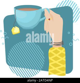 Vektorgrafiken mit einer Tasse Tee in der Hand einer Frau. Hand, die einen Cup hält. Stock Vektor