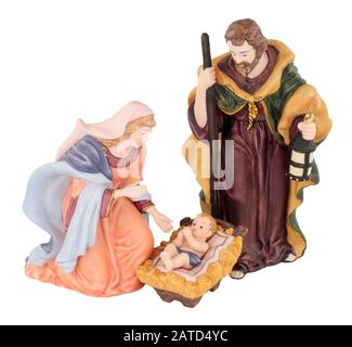 Traditionelle Weihnachtskrippe mit Maria und Joseph und Baby Jesus isoliert auf einem weißen Hintergrund Stockfoto