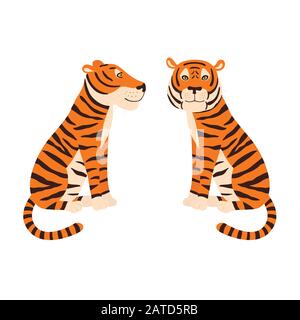 Orangefarbener Tiger sitzt. Farbenfroher Tiger. Seiten- und Vorderansicht. Stock Vektor