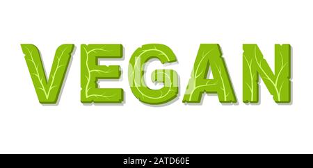 Veganes Textlogo. Symbol für pflanzliches vegetarisches Lebensmittelkonzept. Isolierte Vektorgrafiken auf weißem Hintergrund. Stock Vektor