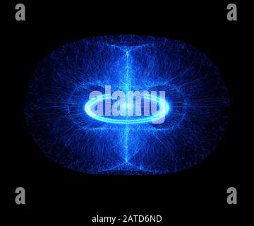 Energiereiche Teilchen fließen durch ein Tokamak oder Donut-Shaped Gerät. Antigravity, Magnetfeld, Kernfusion, Gravitationswellen und die Raumzeit Stockfoto