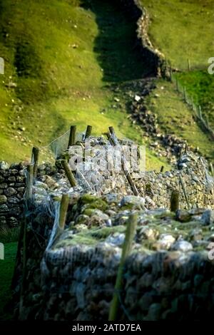 Kalksteinwand im wasdale Tal, mit Drahtzäunung, um das Herumspringen von Schafen zu verhindern Stockfoto