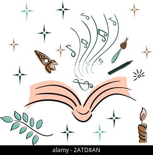 Öffnen Sie das Buch. Das Konzept des Lesens, der Fantasie. Raum, Musik, Natur, Komfort Stock Vektor
