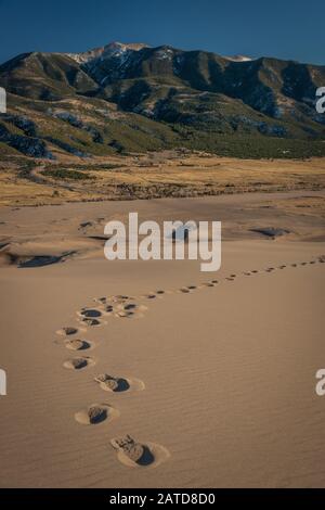 Fußabdrücke über die Klangdünen vor den Sangre De Cristo Mountains, Great Sand Dunes National Park, Colorado, USA Stockfoto