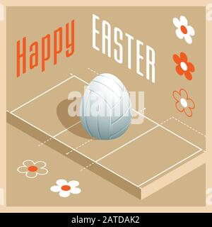 Frohe Ostern. Grußkarte mit 3D-Osterei als weißer Volleyballball und isometrischer Volleyballplatz. Vektorgrafiken. Stock Vektor