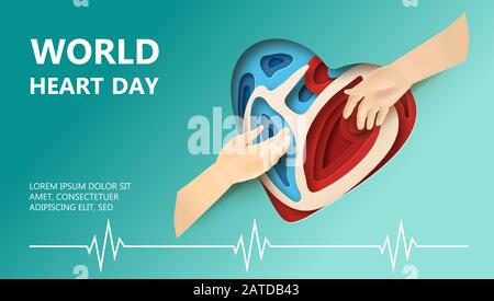 Konzept Des Weltherztags. Geschichtete Papierausschnitten mit dem Etikett "World Heart Day". Der Mann hält eine helfende Hand aus. Zwei Hände, die aufeinander greifen. Flach Stock Vektor