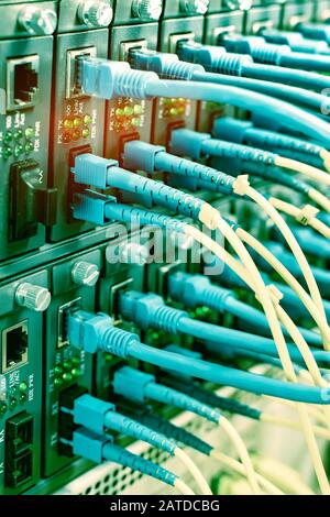 Server Rack mit blauen und roten internet Patchkabel Kabel schwarz Patchpanel in Daten verbundenen Server Zimmer Stockfoto