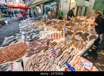 Fischhändler in der Via Sopramuro, Mercato di Porta Nolana Viertel, Neapel, Kampanien, Italien Abschaltdruck Stockfoto