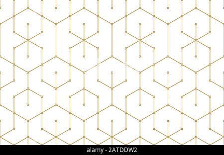 Goldene Linien, Hexagone und Knoten nahtloses Muster. Geometrische abstrakte, sich wiederholende Textur mit sich schneidenden hexagonalen Formen. Goldfarbener Hintergrund. V Stock Vektor