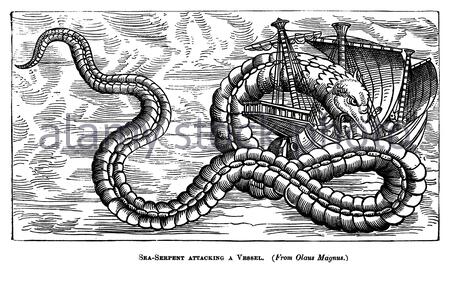 Sea Serpent greift ein Gefäß an, klassische Illustration aus dem Jahr 1886 Stockfoto