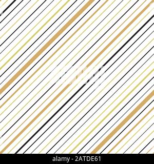 Goldfarbenes, diagonal gestreiftes, nahtloses Muster. Sich wiederholende Textur mit goldischen und schwarzen parallelen Linien auf weißem Hintergrund. Mehrfarbiges, gefüttertes Vektor Stock Vektor