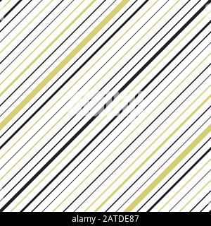 Goldfarbenes, diagonal gestreiftes, nahtloses Muster. Sich wiederholende Textur mit goldischen und schwarzen parallelen Linien auf weißem Hintergrund. Mehrfarbiges, gefüttertes Vektor Stock Vektor