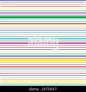 Farbenfrohes, horizontal gestreiftes, nahtloses Muster. Wiederholende Textur mit regenbogenfarbenen parallelen Linien auf weißem Hintergrund. Mehrfarbiges Vektorillus Stock Vektor