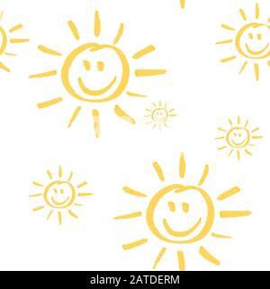 Nahtloses Muster mit lächelnder Sonnenhand, gezeichnet von Marker. Sonnige, sich wiederholende Textur in gelben Farben. Cartoon-Hintergrund für Kinder für Drucke, Textil, Wallpa Stock Vektor