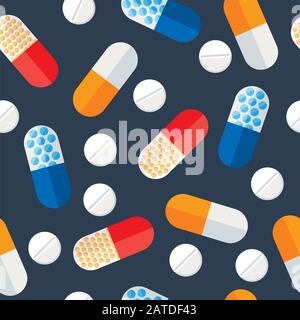 Medizinische Pillen und Tabletten sind flach. Stilisiertes, nahtloses Muster für Medikamente. Pharmakologie - Hintergrund der kontinuierlichen Verpackung. Gesundheitsvektor Stock Vektor