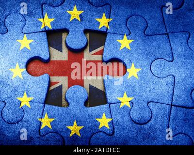 Brexit Konzeptfahne der europäischen union mit fehlendem Puzzle flagge des vereinigten Königreichs Stockfoto