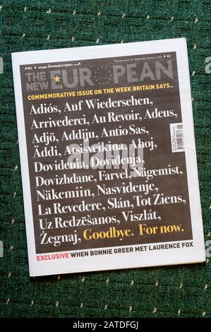 Titelseite der Anti-Brexit- und Pro-Europa-Zeitung The New European AS the UK Leaves the European Union. Stockfoto