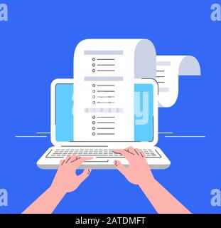 Online-Umfragekonzept. Flache Darstellung der Benutzer, die eine Umfrage auf dem Computer durchführen. Langer Fragebogen mit Kontrollkästchen für Antwortoptionen. Der Verbraucher gibt Stock Vektor