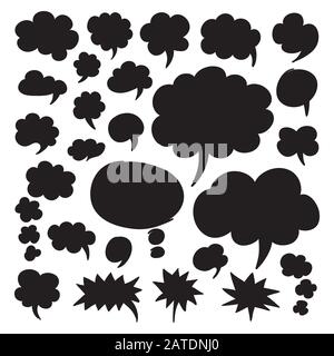 Satz von Sprechblasen und Gedankenwolken. Schwarze Formen isoliert auf Weiß. Vektorsymbole in eps8. Stock Vektor