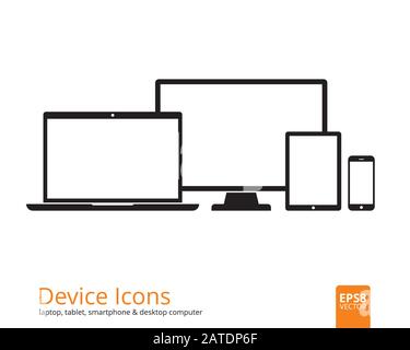 Gerätesymbole Smartphone, Tablet, Laptop und Desktop-Computer. Satz von Symbolen für flache Geräte, die auf weißem Hintergrund isoliert sind. Flache, moderne Geräte mit B. Stock Vektor