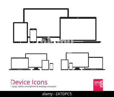 Gerätesymbole Smartphone, Tablet, Laptop und Desktop-Computer. Satz von Symbolen für flache Geräte, die auf weißem Hintergrund isoliert sind. Flache, moderne Geräte mit B. Stock Vektor
