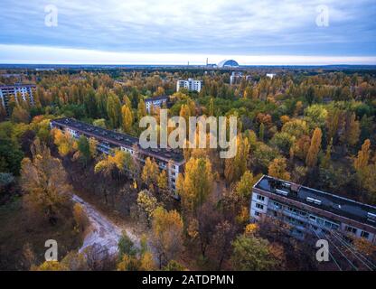 Pripyat, Ukraine Ansicht der verlassenen Pripyat-Stadt in der Ausschlusszone von Tschernobyl Stockfoto