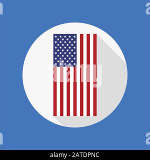 Vektorsymbol der USA-Flagge in flachem Stil mit langem Schatten. Symbol für die Vektorgrafiken der amerikanischen Nationalflaggen. Flaches Symbol mit sternförmig angespecktem Banner im Kreis. Ve Stock Vektor