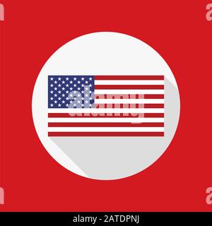 Vektorsymbol der USA-Flagge in flachem Stil mit langem Schatten. Symbol für die Vektorgrafiken der amerikanischen Nationalflaggen. Flaches Symbol mit sternförmig angespecktem Banner im Kreis. Ve Stock Vektor