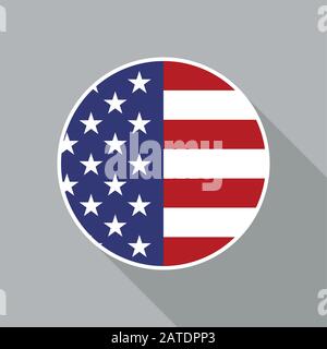 Symbol für Vektor-Ebene der Nationalflaggen in den USA. Vektorsymbol der amerikanischen Flagge, die im Kreis abgeschnitten wurde. Flaches Symbol mit sternförmig angespecktem Banner in flachem Stil mit langem sh Stock Vektor