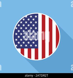 Symbol für Vektor-Ebene der Nationalflaggen in den USA. Vektorsymbol der amerikanischen Flagge, die im Kreis abgeschnitten wurde. Flaches Symbol mit sternförmig angespecktem Banner in flachem Stil mit langem sh Stock Vektor