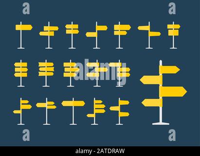 Set mit 18 flachen Symbolen für Straßenschilder und Zeiger. Wegweiser auf Säule in gelber Farbe. Leere Vorlage mit leerem Raum für Navigations- oder Leitungstext. Clea Stock Vektor