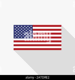 Symbol für Vektor-Ebene der Nationalflaggen in den USA. Vektorsymbol der amerikanischen Flagge in flachem Stil mit langem Schatten. Flaches Symbol mit sternförmig angespecktem Banner. Vektorgrafik Stock Vektor