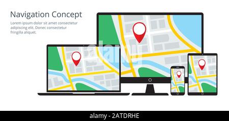 Konzept der reaktionsschnellen Navigationsanwendung für Desktop-Computer, Laptop, Tablet-PC und Smartphone. Karte mit GPS-Positionsmarkierung, die auf einigen Geräten angezeigt wird Stock Vektor