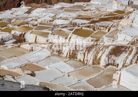 Malerische Aussicht auf die Terrassen von Salinas de Maras, Peru. Salznaturbergwerk. Inka Salzpfannen in Maras, in der Nähe von Cuzco im Heiligen Tal, Peru Stockfoto